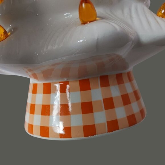 White Ceramic Christmas Tree With Orange Lights & Checkered Base - "14"Inches - Picture 2 of 5